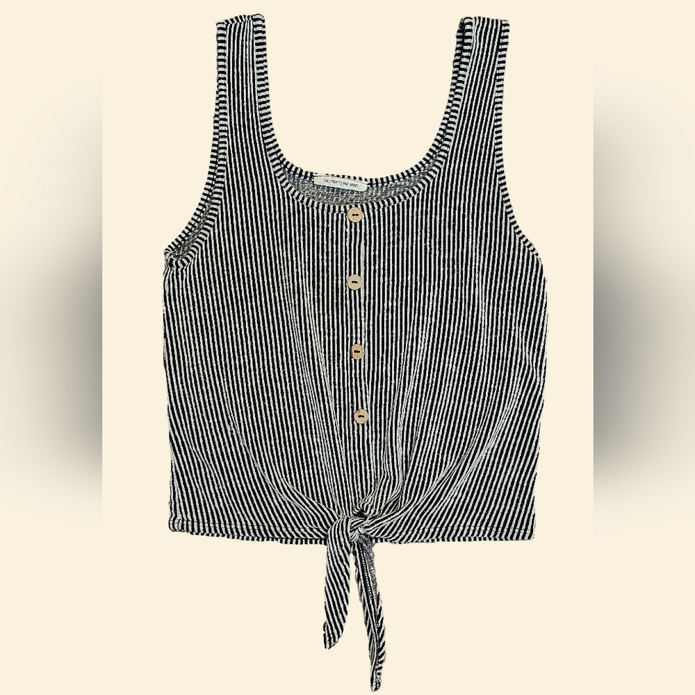 black and white striped cropped tanktop, buttons down the front, tie in front